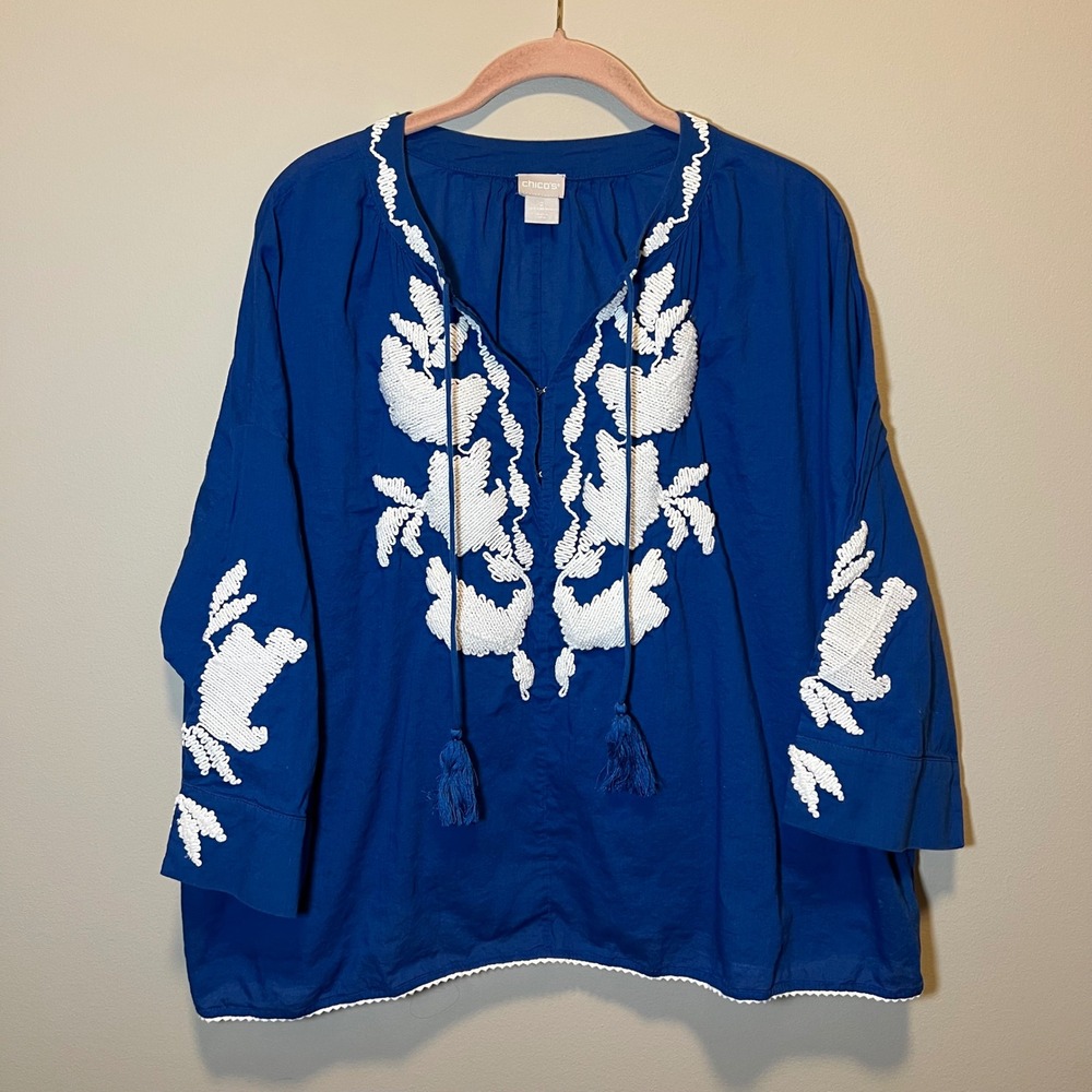 Chicos Blue Embroidered Peasant Blouse Tassel Tie Cotton Top Size 2 12/14